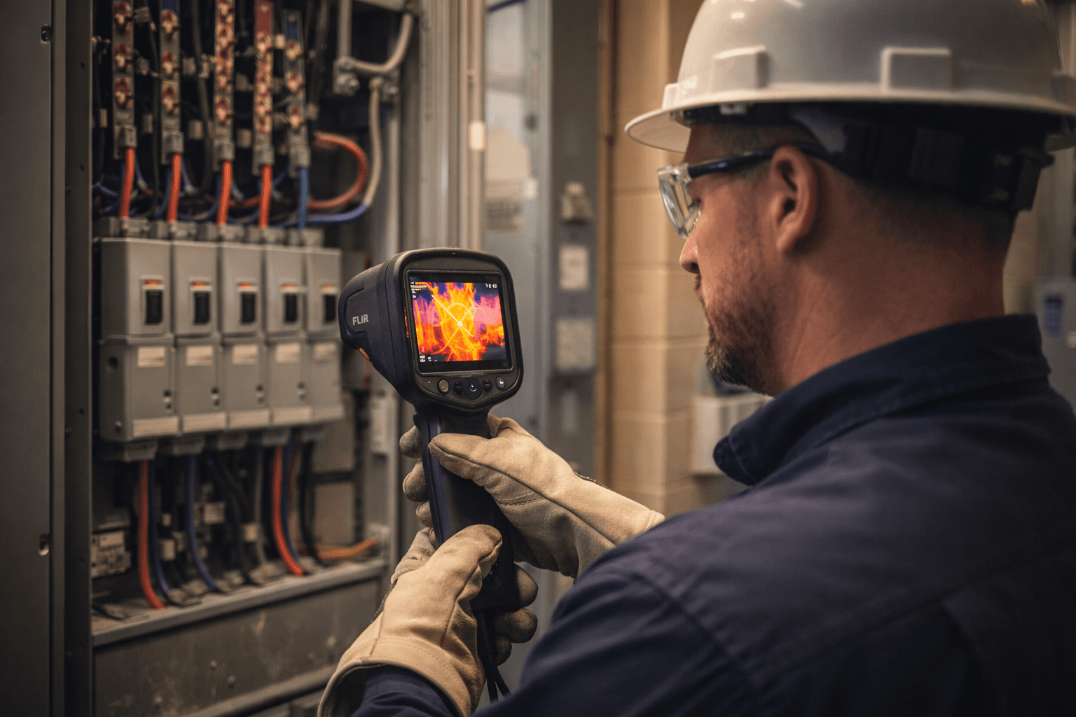Certified thermographer performing an infrared electrical inspection on a commercial panel using a FLIR thermal imaging camera
